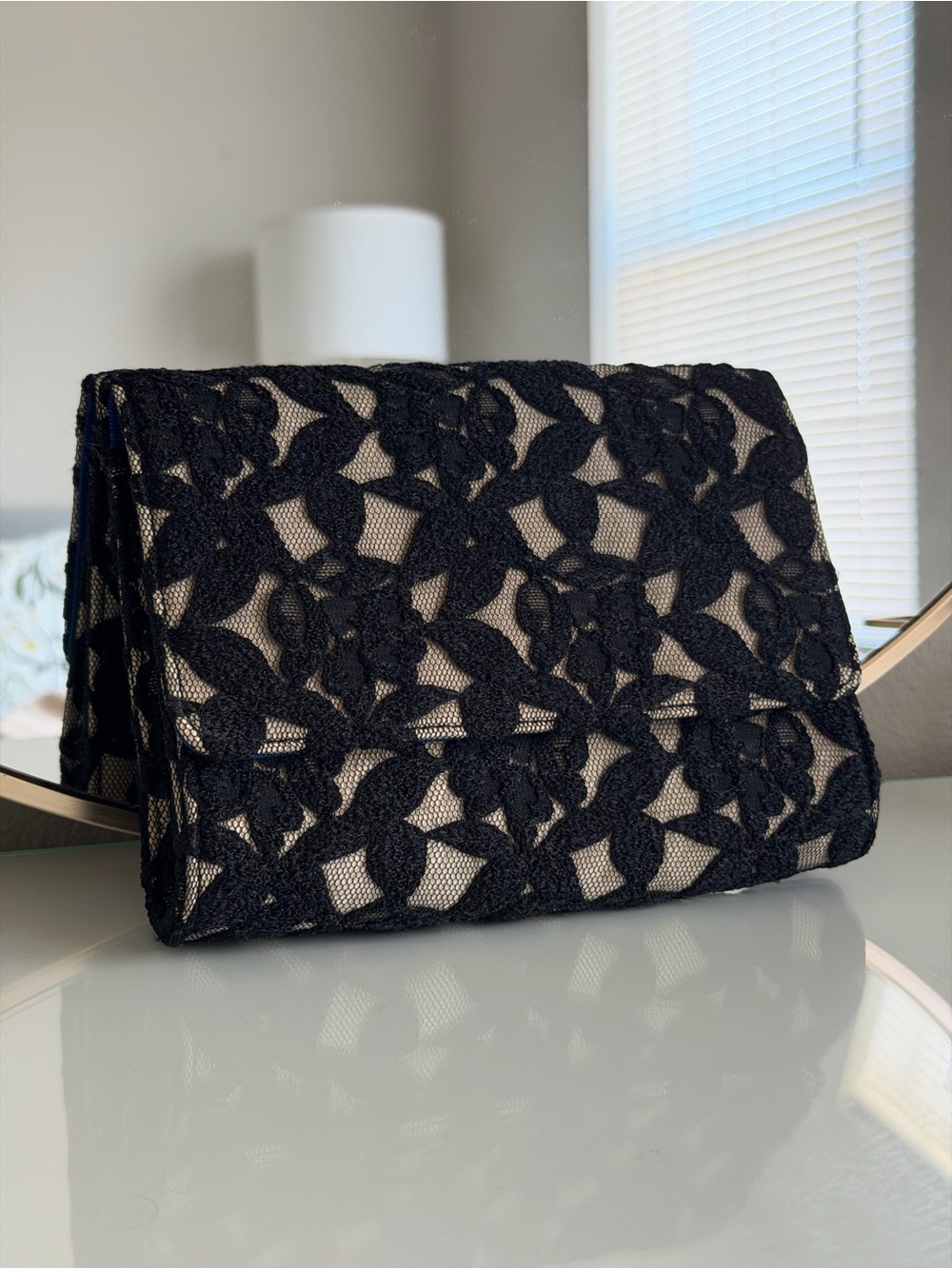 ✨ Neiman Marcus Black Floral Lace Evening Clutch